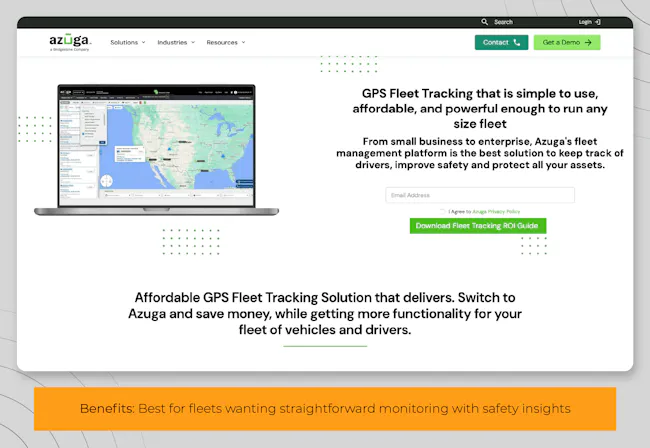 Screenshot of Azuga Fleet home page with best for fleets wanting straightforward monitoring with safety insights beneath it.