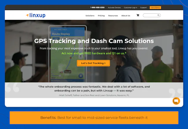 Screenshot of Linxup home page with best for small to mid-sized service fleets beneath it.