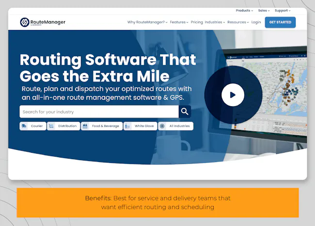 Screenshot of RouteManager home page with best for service and delivery teams that want efficient routing and scheduling beneath it.