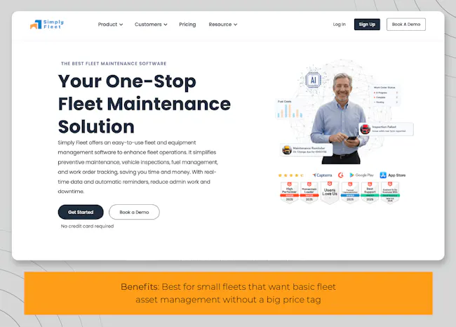 Screenshot of Simply Fleet home page with best for small fleets that want basic fleet asset management without a big price tag beneath it.