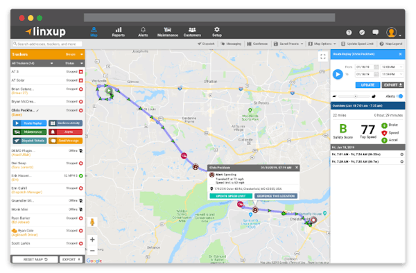 Linxup GPS tracking route replay in app
